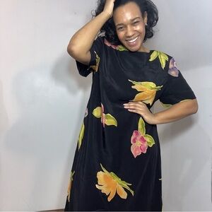 Vintage silk little black dress floral shift midi tropical cruise beach flowy 16